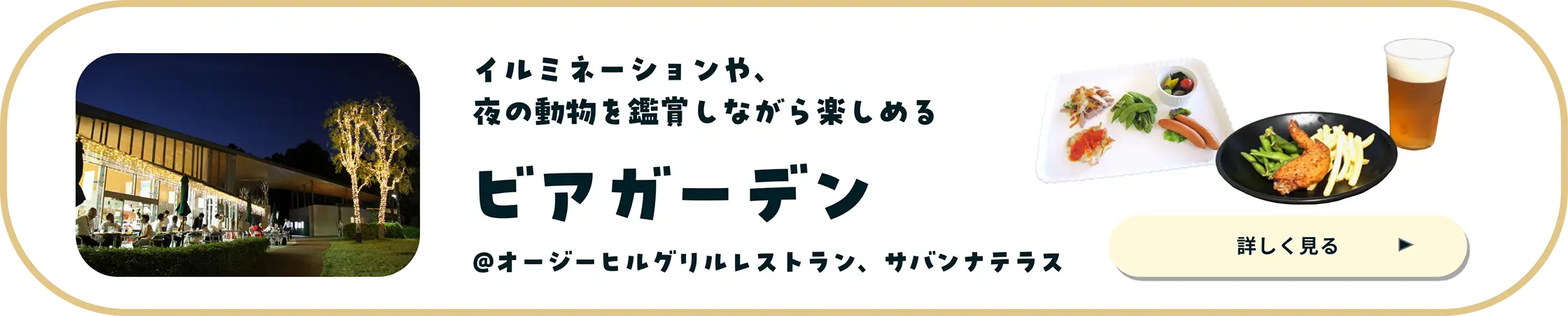 イルミネーションや、夜の動物を鑑賞しながら楽しめるビアガーデン@オージーヒルグリルレストラン、サバンナテラス